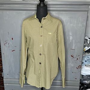Women’s Cruel Girl Western Collared Shirt, green & brown polka dots, Size L
